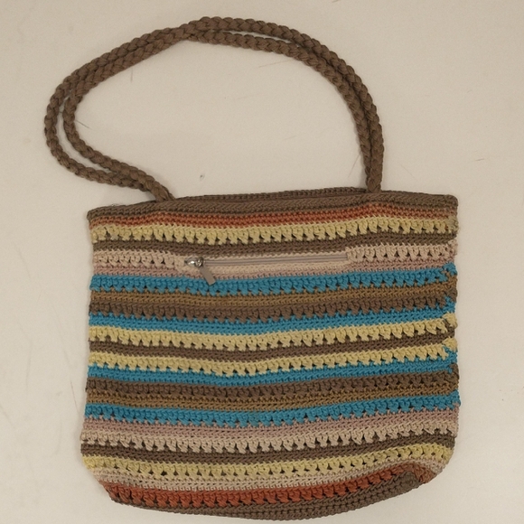 Crochet Bag Colorful Stripes 14x12 Shoulder Purse by The Sak Taupe Blue Clay + - Picture 1 of 8